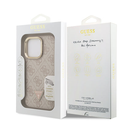 Apple iPhone 15 Pro Max Kılıf Guess Orjinal Lisanslı PU Deri Taşlı Üçgen Logo 4G Desenli Kamera Standlı Kapak Pembe