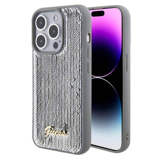 Apple iPhone 15 Pro Max Kılıf Guess Orjinal Lisanslı Pullu Arka Yüzey Metal Yazı Logolu Sequin Script Kapak
