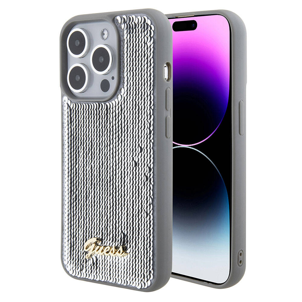 Apple iPhone 15 Pro Max Kılıf Guess Orjinal Lisanslı Pullu Arka Yüzey Metal Yazı Logolu Sequin Script Kapak Pembe