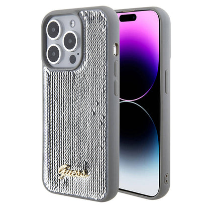 Apple iPhone 15 Pro Max Kılıf Guess Orjinal Lisanslı Pullu Arka Yüzey Metal Yazı Logolu Sequin Script Kapak Pembe