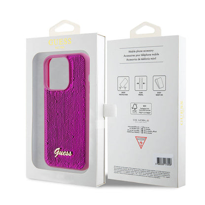 Apple iPhone 15 Pro Max Kılıf Guess Orjinal Lisanslı Pullu Arka Yüzey Metal Yazı Logolu Sequin Script Kapak Pembe