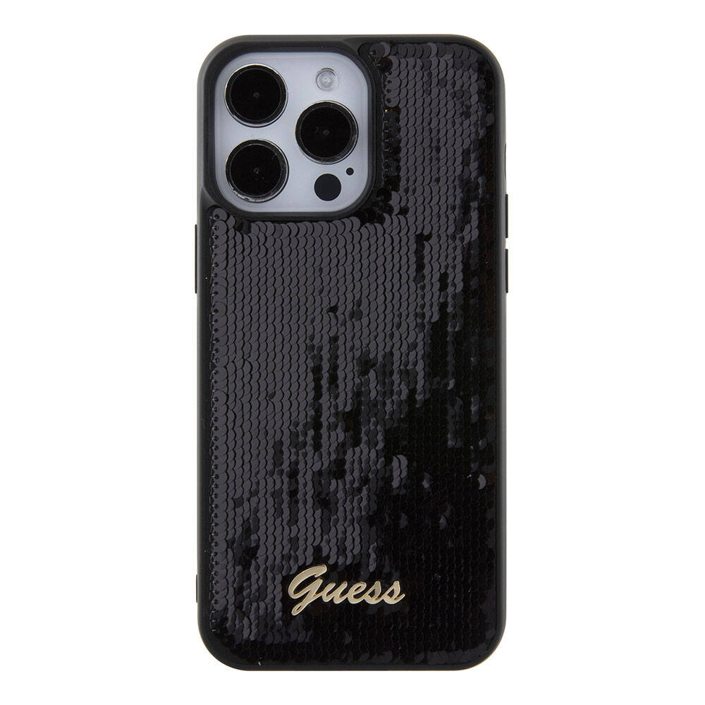 Apple iPhone 15 Pro Max Kılıf Guess Orjinal Lisanslı Pullu Arka Yüzey Metal Yazı Logolu Sequin Script Kapak Pembe