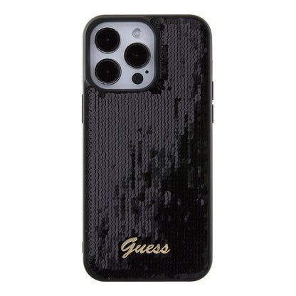 Apple iPhone 15 Pro Max Kılıf Guess Orjinal Lisanslı Pullu Arka Yüzey Metal Yazı Logolu Sequin Script Kapak Pembe