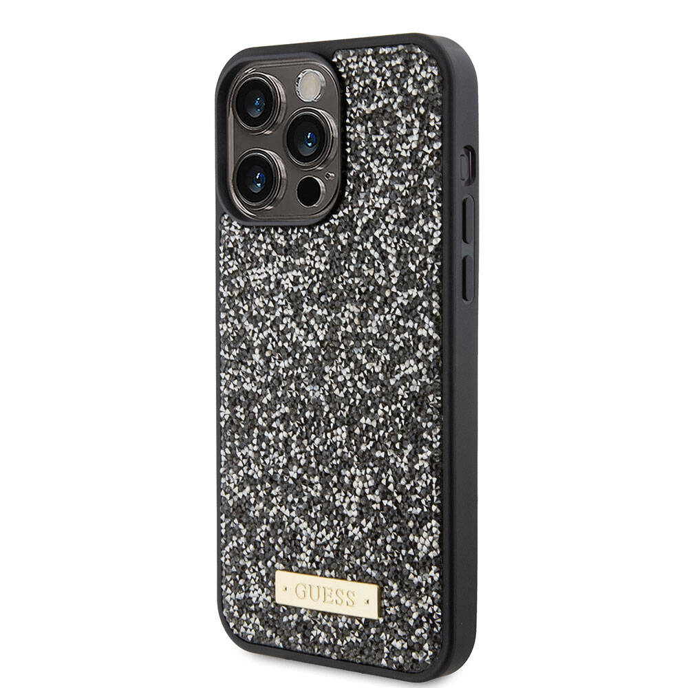 Apple iPhone 15 Pro Max Kılıf Guess Orjinal Lisanslı Taşlı Arka Yüzey Metal Yazı Logolu Kapak Sarı