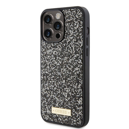 Apple iPhone 15 Pro Max Kılıf Guess Orjinal Lisanslı Taşlı Arka Yüzey Metal Yazı Logolu Kapak Pembe Açık