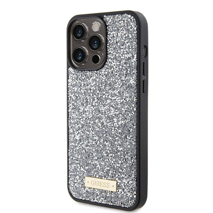 Apple iPhone 15 Pro Max Kılıf Guess Orjinal Lisanslı Taşlı Arka Yüzey Metal Yazı Logolu Kapak Pembe Açık