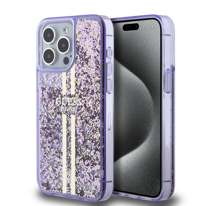 Apple iPhone 15 Pro Max Kılıf Guess Orjinal Lisanslı Transparan Sıvılı Simli Altın Çizgili Kapak