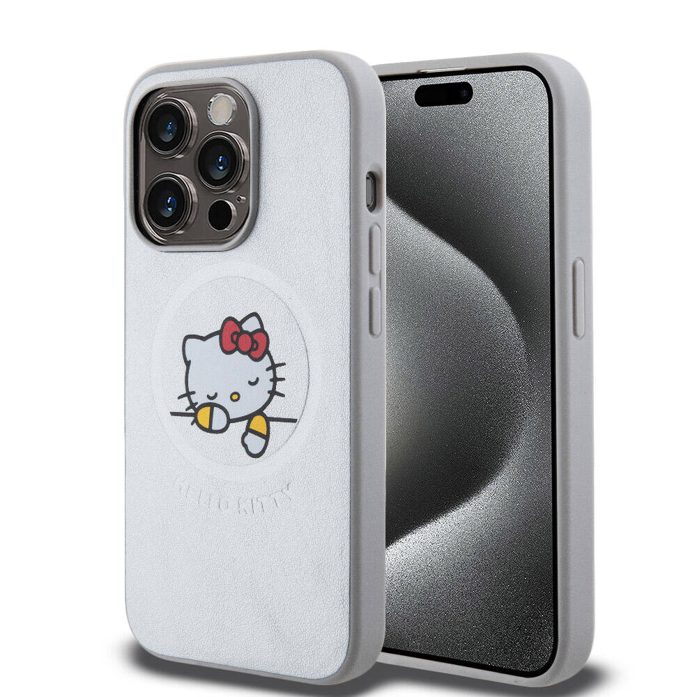 Apple iPhone 15 Pro Max Kılıf Hello Kitty Orjinal Lisanslı M-safe Şarj Özellikli Baskı Logolu Uyuyan Kitty Deri Kapak Gümüş