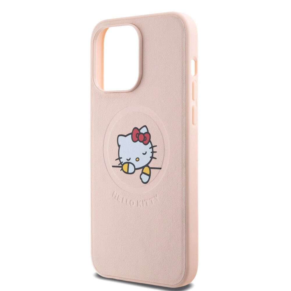 Apple iPhone 15 Pro Max Kılıf Hello Kitty Orjinal Lisanslı M-safe Şarj Özellikli Baskı Logolu Uyuyan Kitty Deri Kapak Pembe