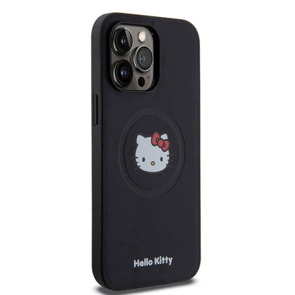 Apple iPhone 15 Pro Max Kılıf Hello Kitty Orjinal Lisanslı M-safe Şarj Özellikli Kitty Head Deri Kapak Gold