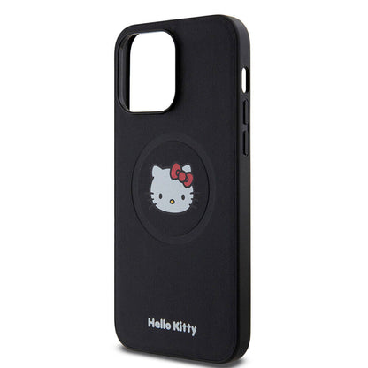 Apple iPhone 15 Pro Max Kılıf Hello Kitty Orjinal Lisanslı M-safe Şarj Özellikli Kitty Head Deri Kapak Siyah