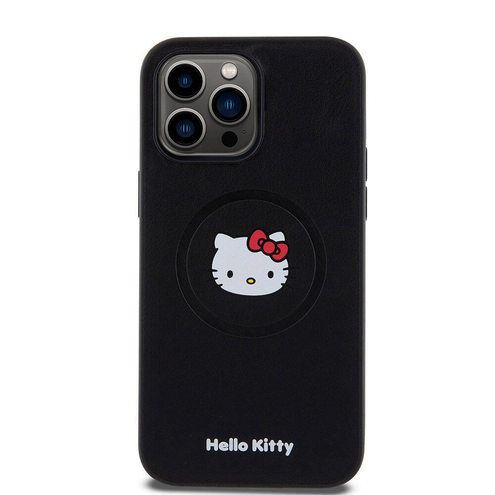 Apple iPhone 15 Pro Max Kılıf Hello Kitty Orjinal Lisanslı M-safe Şarj Özellikli Kitty Head Deri Kapak Siyah