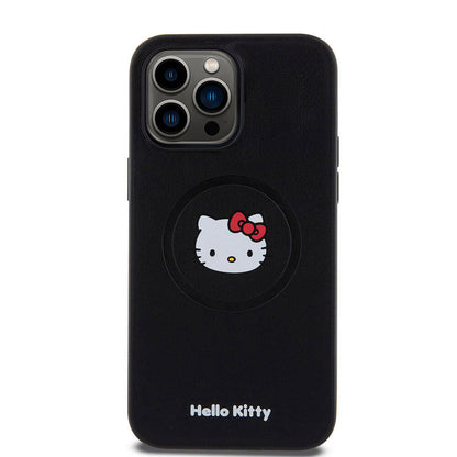 Apple iPhone 15 Pro Max Kılıf Hello Kitty Orjinal Lisanslı M-safe Şarj Özellikli Kitty Head Deri Kapak Siyah