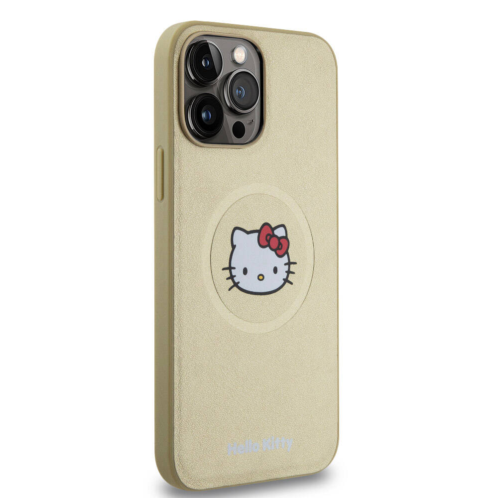 Apple iPhone 15 Pro Max Kılıf Hello Kitty Orjinal Lisanslı M-safe Şarj Özellikli Kitty Head Deri Kapak Gold