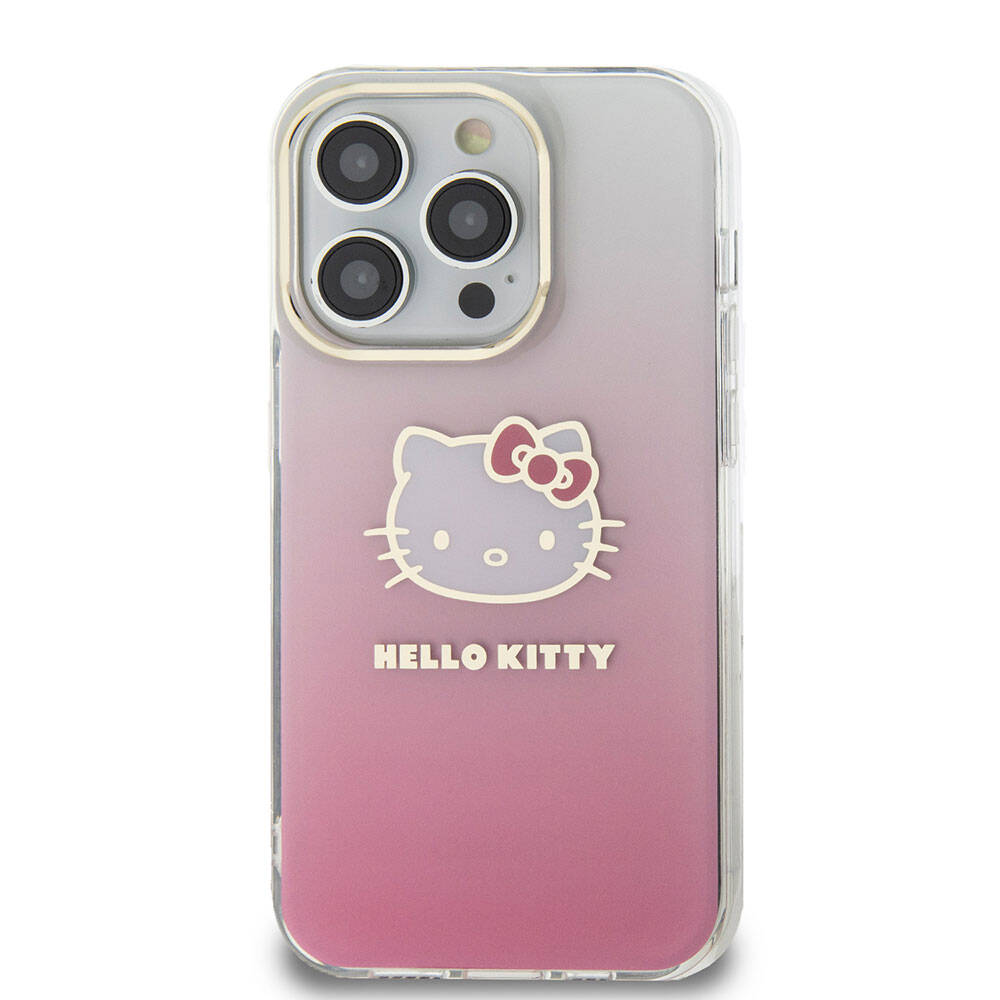 Apple iPhone 15 Pro Max Kılıf Hello Kitty Orjinal Lisanslı Yazı ve İkonik Logolu Elektroplating Kaplama Gradyan Kapak Pembe