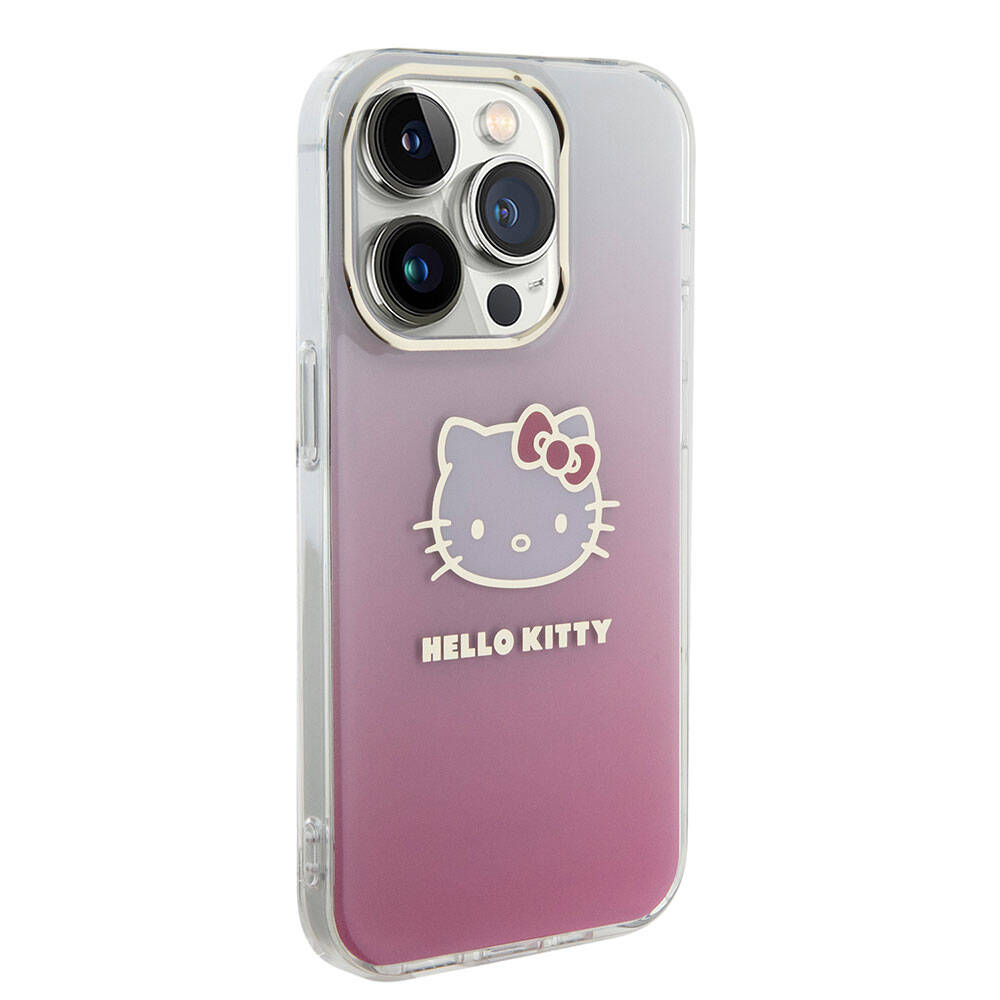 Apple iPhone 15 Pro Max Kılıf Hello Kitty Orjinal Lisanslı Yazı ve İkonik Logolu Elektroplating Kaplama Gradyan Kapak Pembe