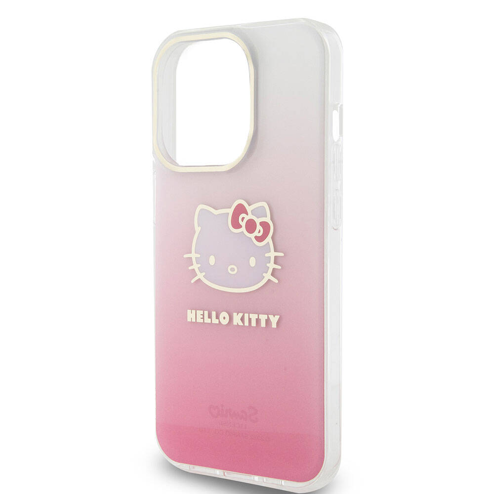 Apple iPhone 15 Pro Max Kılıf Hello Kitty Orjinal Lisanslı Yazı ve İkonik Logolu Elektroplating Kaplama Gradyan Kapak Pembe