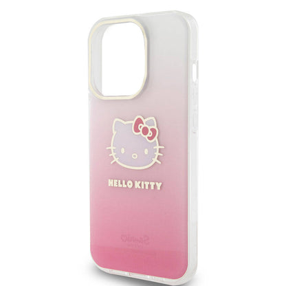 Apple iPhone 15 Pro Max Kılıf Hello Kitty Orjinal Lisanslı Yazı ve İkonik Logolu Elektroplating Kaplama Gradyan Kapak Pembe