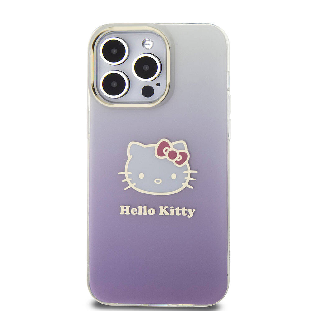 Apple iPhone 15 Pro Max Kılıf Hello Kitty Orjinal Lisanslı Yazı ve İkonik Logolu Elektroplating Kaplama Gradyan Kapak Pembe