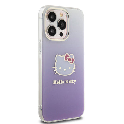 Apple iPhone 15 Pro Max Kılıf Hello Kitty Orjinal Lisanslı Yazı ve İkonik Logolu Elektroplating Kaplama Gradyan Kapak Pembe