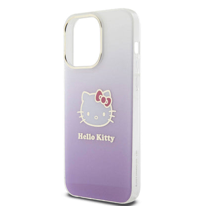 Apple iPhone 15 Pro Max Kılıf Hello Kitty Orjinal Lisanslı Yazı ve İkonik Logolu Elektroplating Kaplama Gradyan Kapak Mor