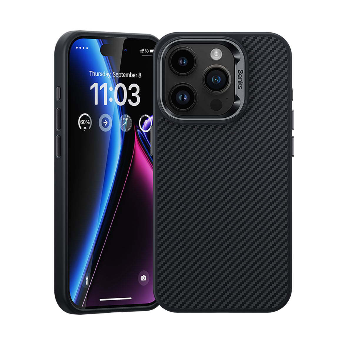 Apple iPhone 15 Pro Max Kılıf Karbon Fiber M-safe Şarj Özellikli Benks Hybrid ArmorPro 600D Kevlar Kapak Siyah