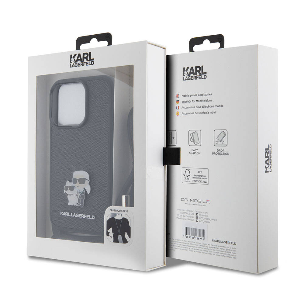 Apple iPhone 15 Pro Max Kılıf Karl Lagerfeld Askı İpli K&C Metal Logo Orjinal Lisanslı Kapak Siyah