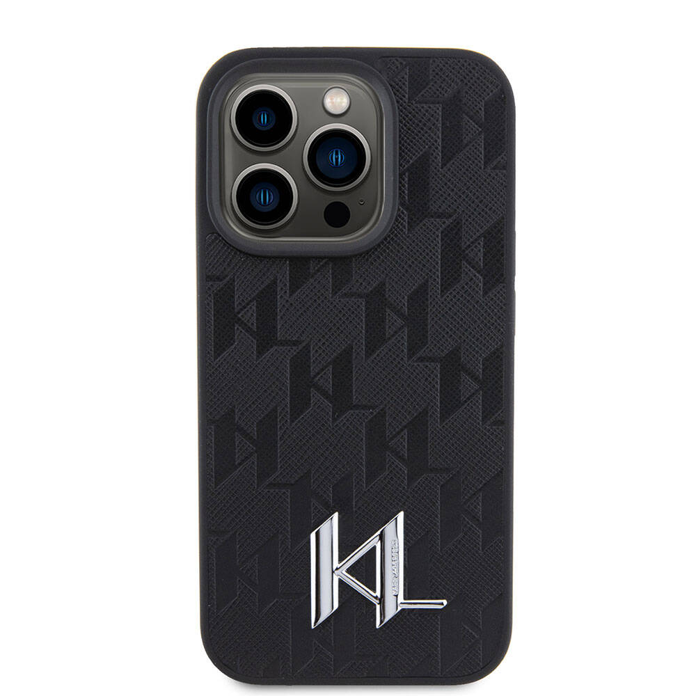 Apple iPhone 15 Pro Max Kılıf Karl Lagerfeld Hot Stamp K&L Metal Logo Orjinal Lisanslı Kapak Siyah