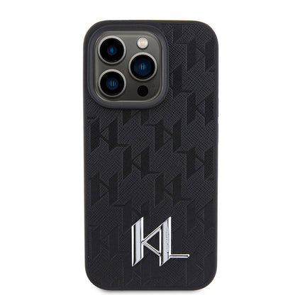 Apple iPhone 15 Pro Max Kılıf Karl Lagerfeld Hot Stamp K&L Metal Logo Orjinal Lisanslı Kapak Gri