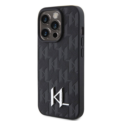 Apple iPhone 15 Pro Max Kılıf Karl Lagerfeld Hot Stamp K&L Metal Logo Orjinal Lisanslı Kapak Gri