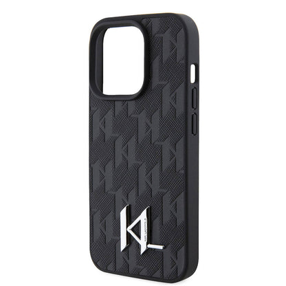 Apple iPhone 15 Pro Max Kılıf Karl Lagerfeld Hot Stamp K&L Metal Logo Orjinal Lisanslı Kapak Gri