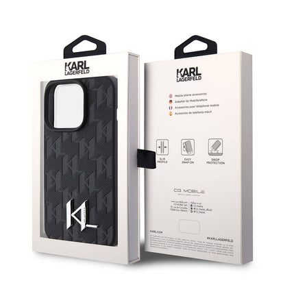 Apple iPhone 15 Pro Max Kılıf Karl Lagerfeld Hot Stamp K&L Metal Logo Orjinal Lisanslı Kapak Siyah