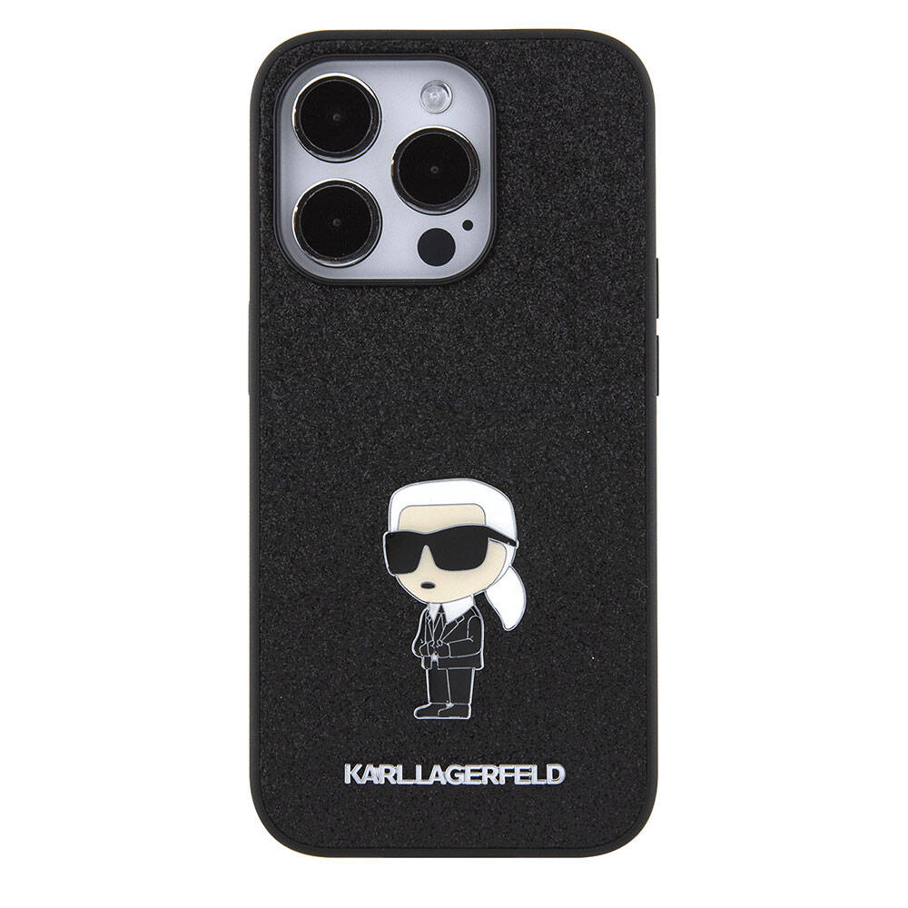 Apple iPhone 15 Pro Max Kılıf Karl Lagerfeld İkonik Fixed Glitter Metal Logo Orjinal Lisanslı Kapak Siyah