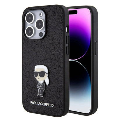 Apple iPhone 15 Pro Max Kılıf Karl Lagerfeld İkonik Fixed Glitter Metal Logo Orjinal Lisanslı Kapak Siyah