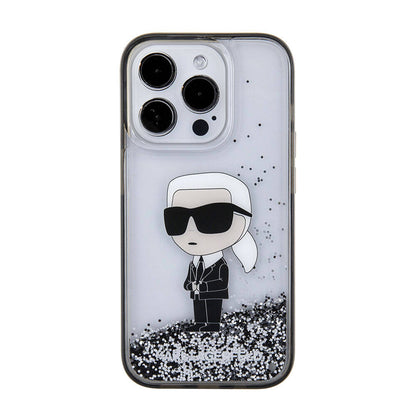 Apple iPhone 15 Pro Max Kılıf Karl Lagerfeld İkonik Sıvılı Glitter Orjinal Lisanslı Kapak Renksiz