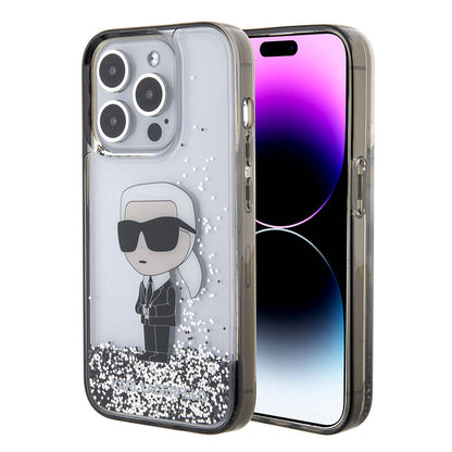 Apple iPhone 15 Pro Max Kılıf Karl Lagerfeld İkonik Sıvılı Glitter Orjinal Lisanslı Kapak Renksiz