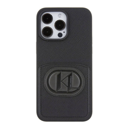Apple iPhone 15 Pro Max Kılıf Karl Lagerfeld Kartlıklı Saffiano K&L Patch Orjinal Lisanslı Kapak Siyah