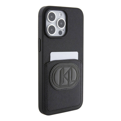 Apple iPhone 15 Pro Max Kılıf Karl Lagerfeld Kartlıklı Saffiano K&L Patch Orjinal Lisanslı Kapak Siyah