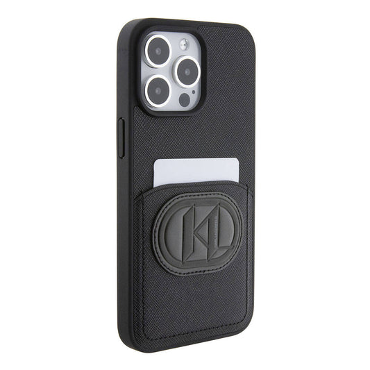 Apple iPhone 15 Pro Max Kılıf Karl Lagerfeld Kartlıklı Saffiano K&L Patch Orjinal Lisanslı Kapak Siyah