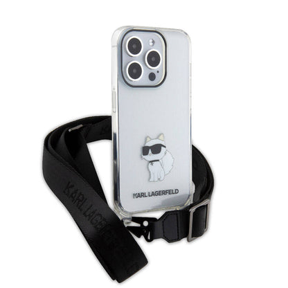 Apple iPhone 15 Pro Max Kılıf Karl Lagerfeld Orjinal Lisanslı Boyun Askılı Choupette İkonik Crossbody Kapak Renksiz