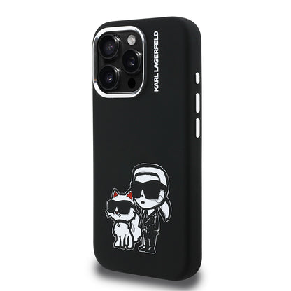 Apple iPhone 15 Pro Max Kılıf Karl Lagerfeld Orjinal Lisanslı Karl & Choupette Sketch Logo Sililkon Kapak Siyah