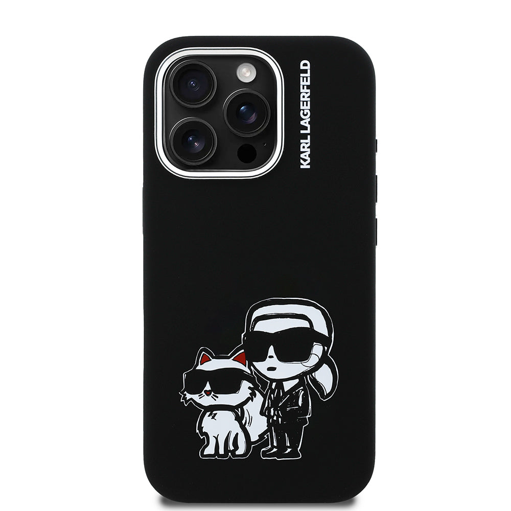 Apple iPhone 15 Pro Max Kılıf Karl Lagerfeld Orjinal Lisanslı Karl & Choupette Sketch Logo Sililkon Kapak Siyah