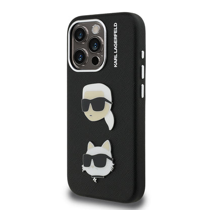 Apple iPhone 15 Pro Max Kılıf Karl Lagerfeld Orjinal Lisanslı K&C Heads Pin Kapak Gri