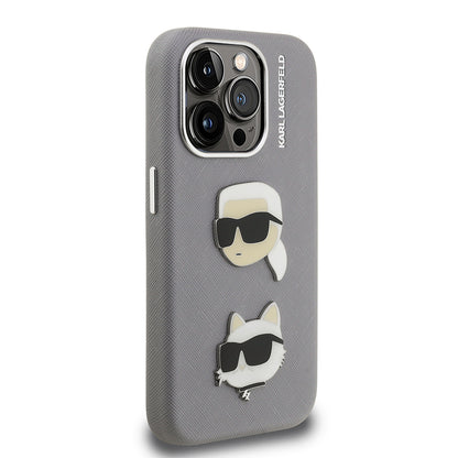 Apple iPhone 15 Pro Max Kılıf Karl Lagerfeld Orjinal Lisanslı K&C Heads Pin Kapak Siyah