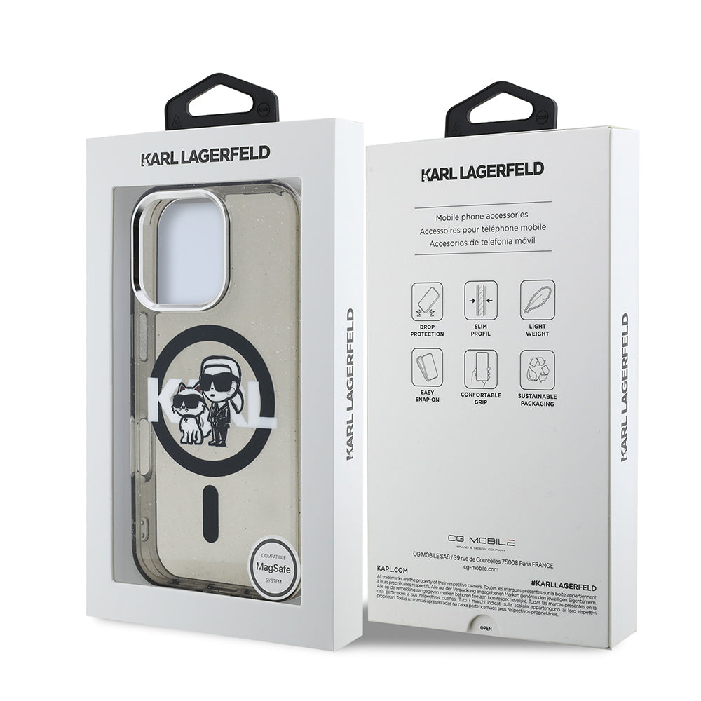 Apple iPhone 15 Pro Max Kılıf Karl Lagerfeld Orjinal Lisanslı Parlayan Simli Karl & Choupette Sketch Logo Kapak Siyah