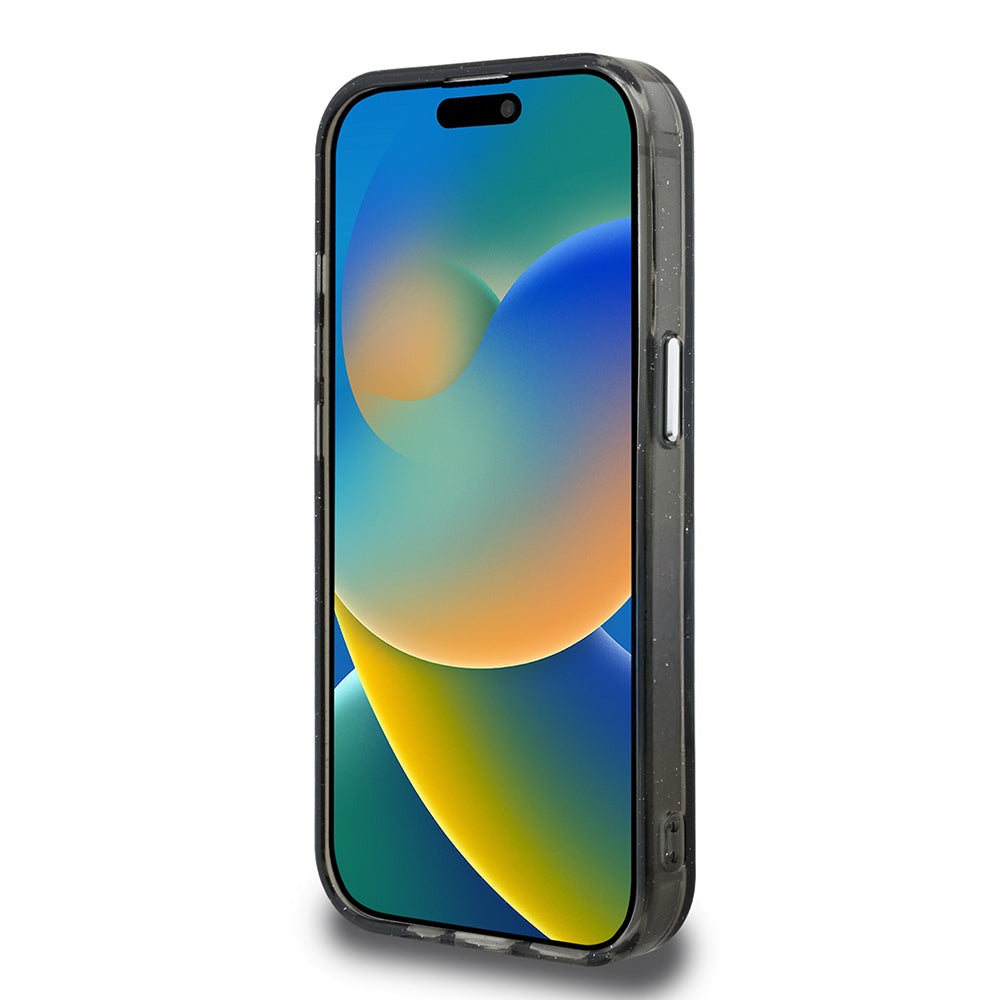 Apple iPhone 15 Pro Max Kılıf Karl Lagerfeld Orjinal Lisanslı Parlayan Simli Karl & Choupette Sketch Logo Kapak Siyah