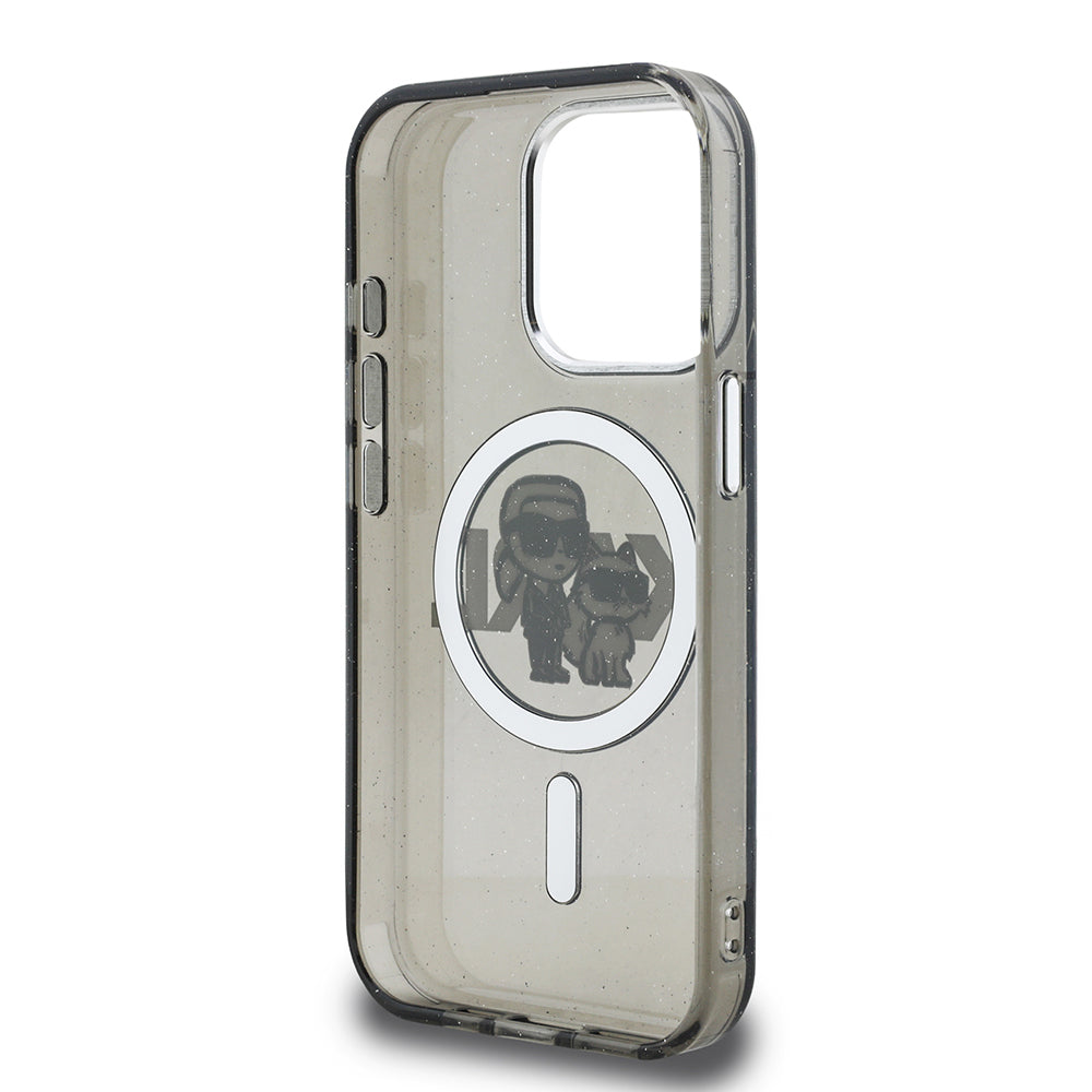 Apple iPhone 15 Pro Max Kılıf Karl Lagerfeld Orjinal Lisanslı Parlayan Simli Karl & Choupette Sketch Logo Kapak Siyah