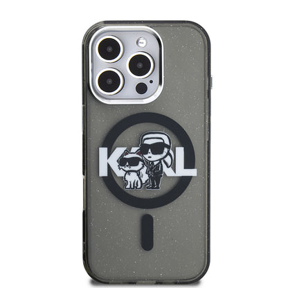 Apple iPhone 15 Pro Max Kılıf Karl Lagerfeld Orjinal Lisanslı Parlayan Simli Karl & Choupette Sketch Logo Kapak Siyah