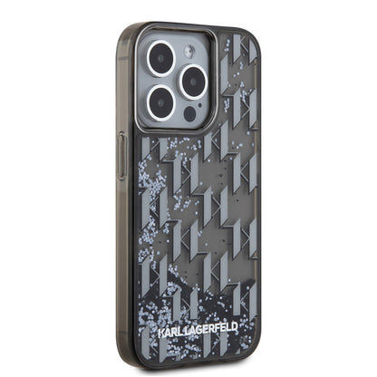 Apple iPhone 15 Pro Max Kılıf Karl Lagerfeld Orjinal Lisanslı Simli KL Yazılı Monogram Gradıent Kapak Siyah