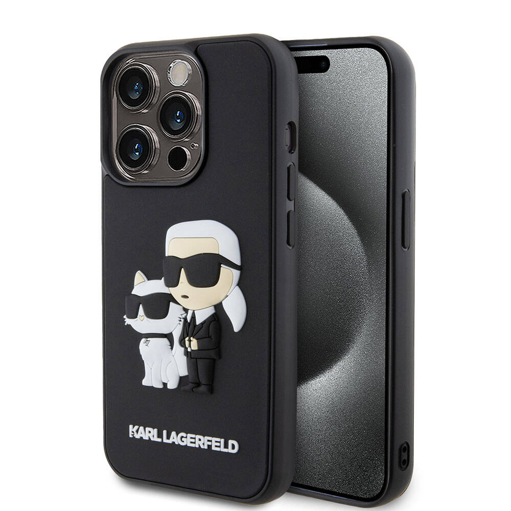 Apple iPhone 15 Pro Max Kılıf Karl Lagerfeld Silikon 3D K&C Logo Orjinal Lisanslı Kapak Siyah